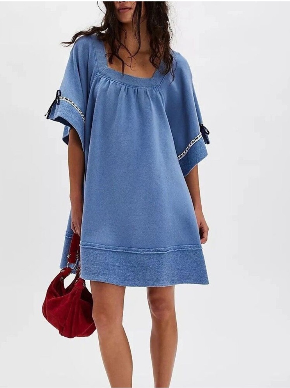 Free People Astoria Sweatshirt Tunic Dress Size XL in Blue w/ Bows